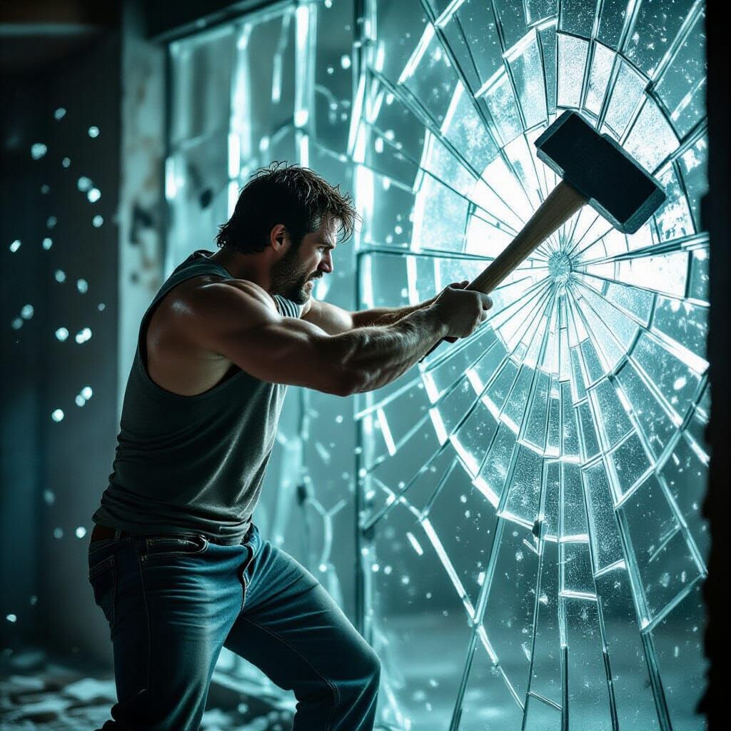 Man Shatters Glass Wall in Dramatic Cinematic Style