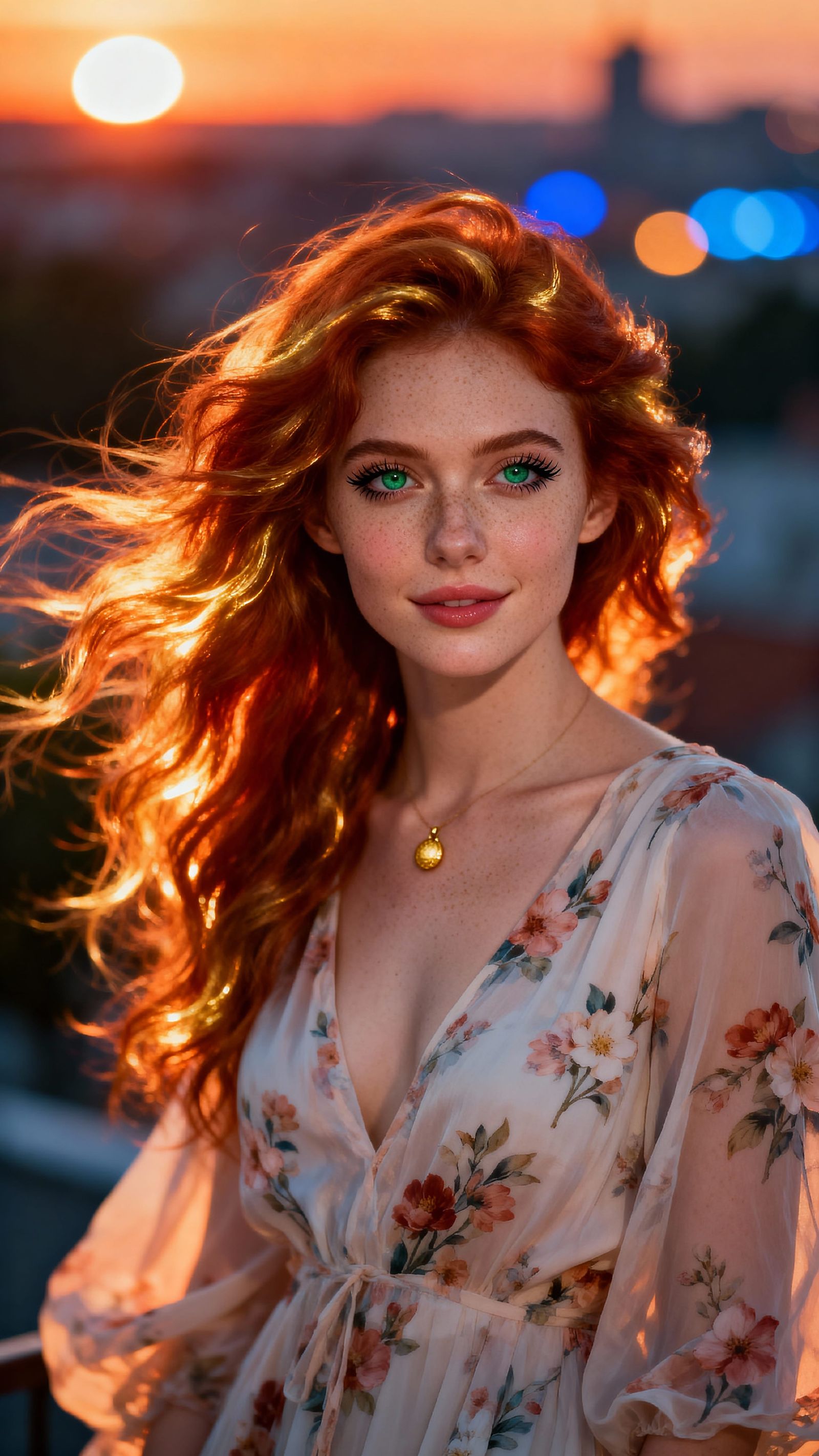 Young Woman in Sunset Light with Fiery Red Hair