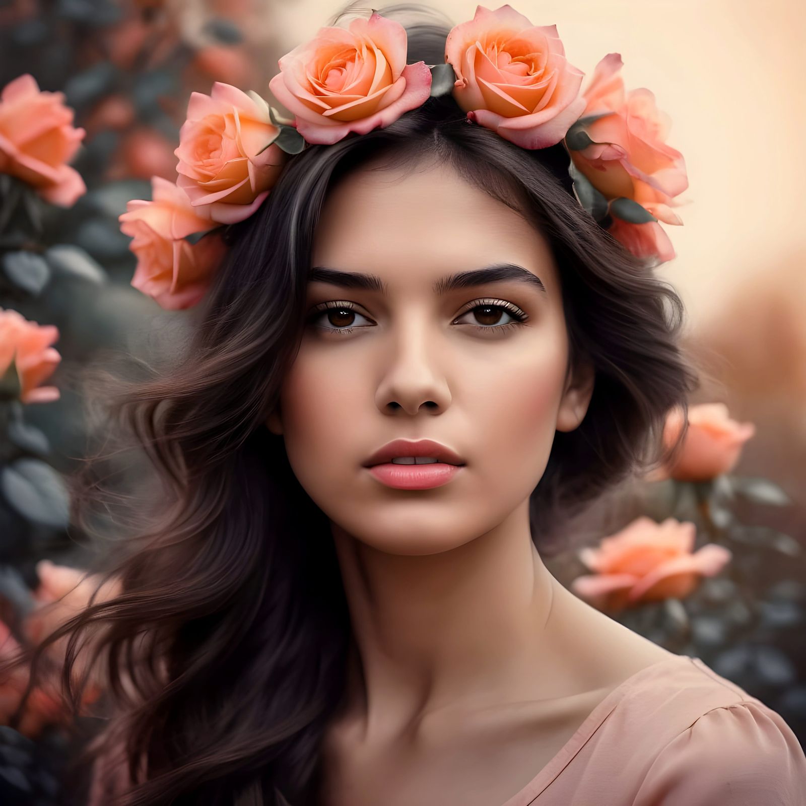 Brunette with Rose Crown in Sfumato Sunlight