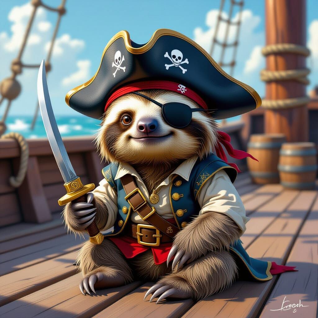 Pirate Sloth on Deck in Cartoon Style