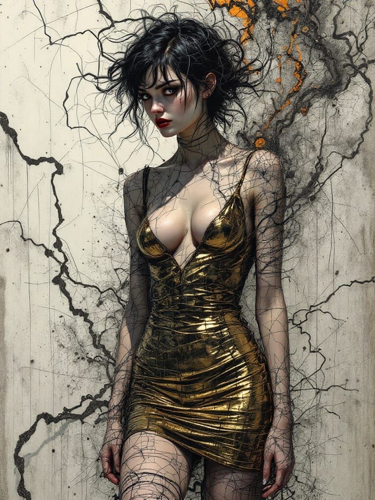 Golden Sundress Woman in Expressive, Detailed Style