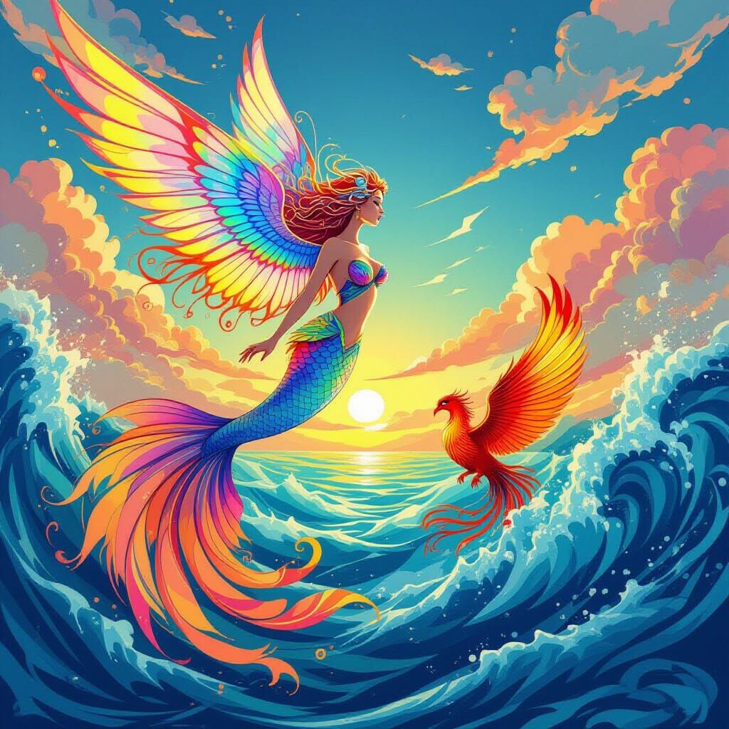 Winged Mermaid and Phoenix in Abstract Fractal Art