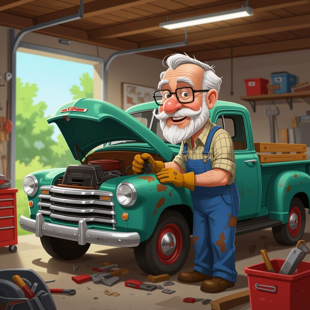 Grandfather Fixing Old Truck in Garage Caricature