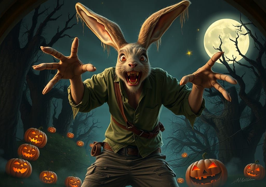 Man Transforms into Giant Rabbit, Halloween Scene