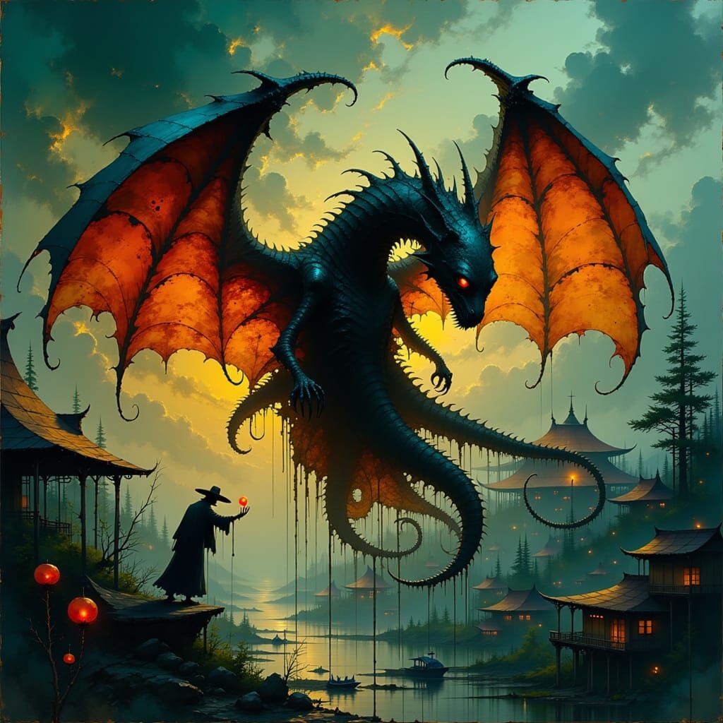 Eerie Octopi-Dragon Hybrid at a Dark Carnival