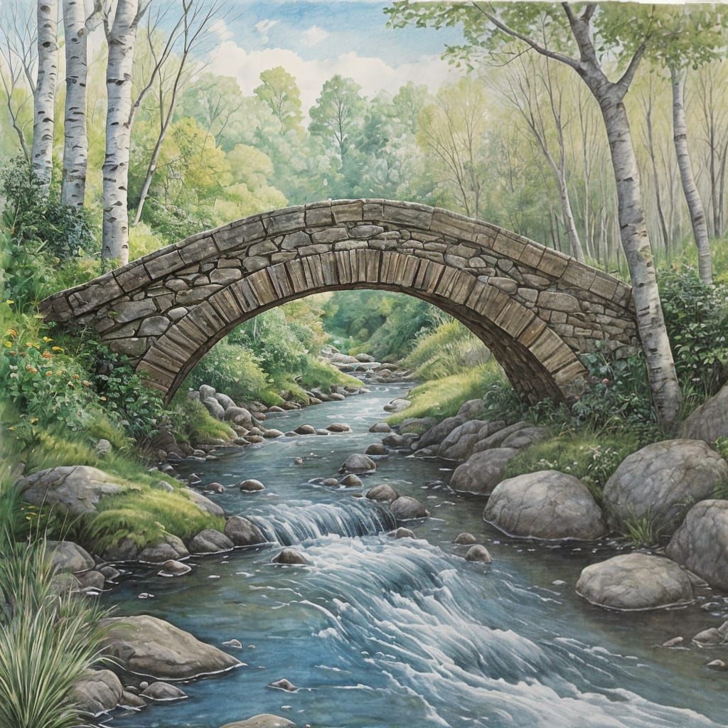 Victorian Watercolour Painting of Stream in Birch Wood