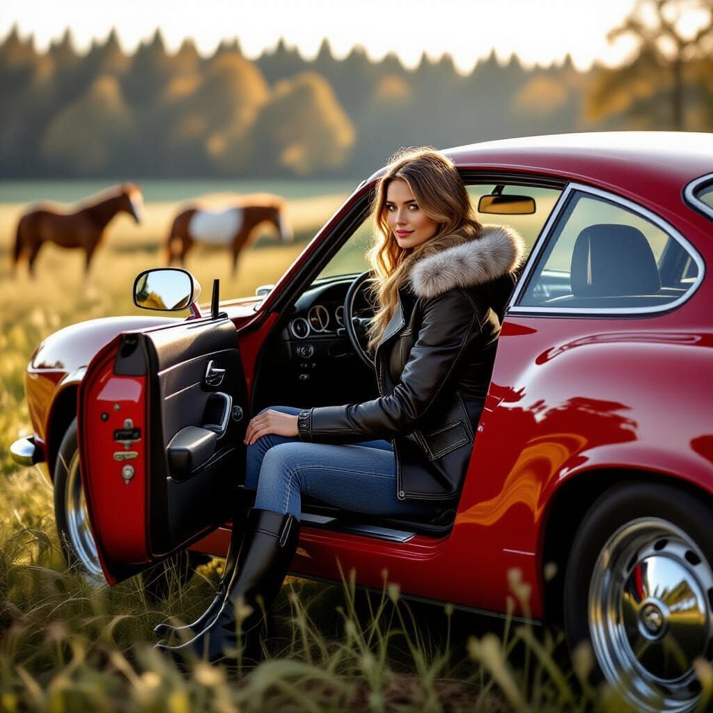 Amazon in Red Car with Horses, Natural Light Photography