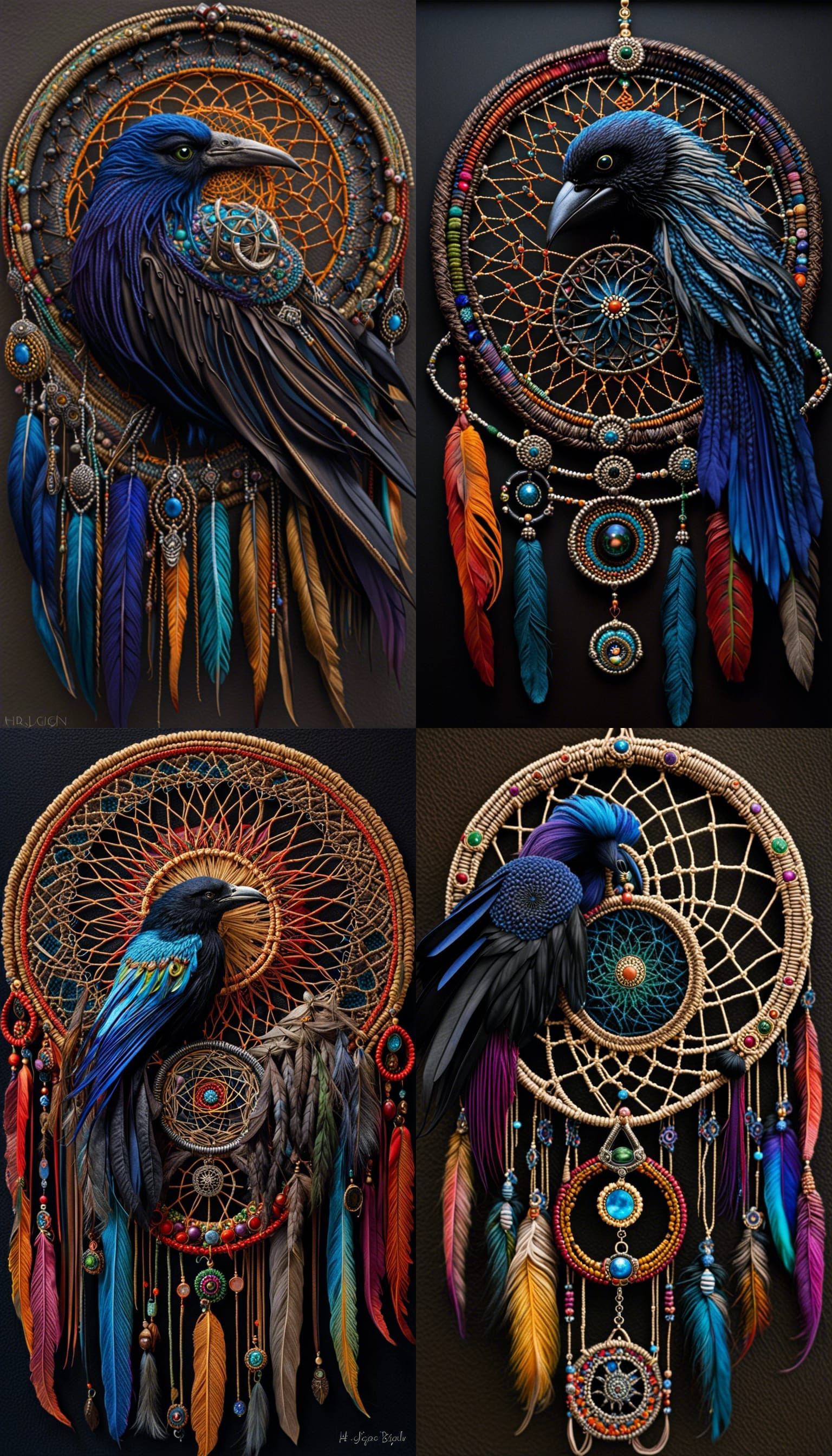 Colorful Dreamcatcher with Raven Feathers, Folk Art Style