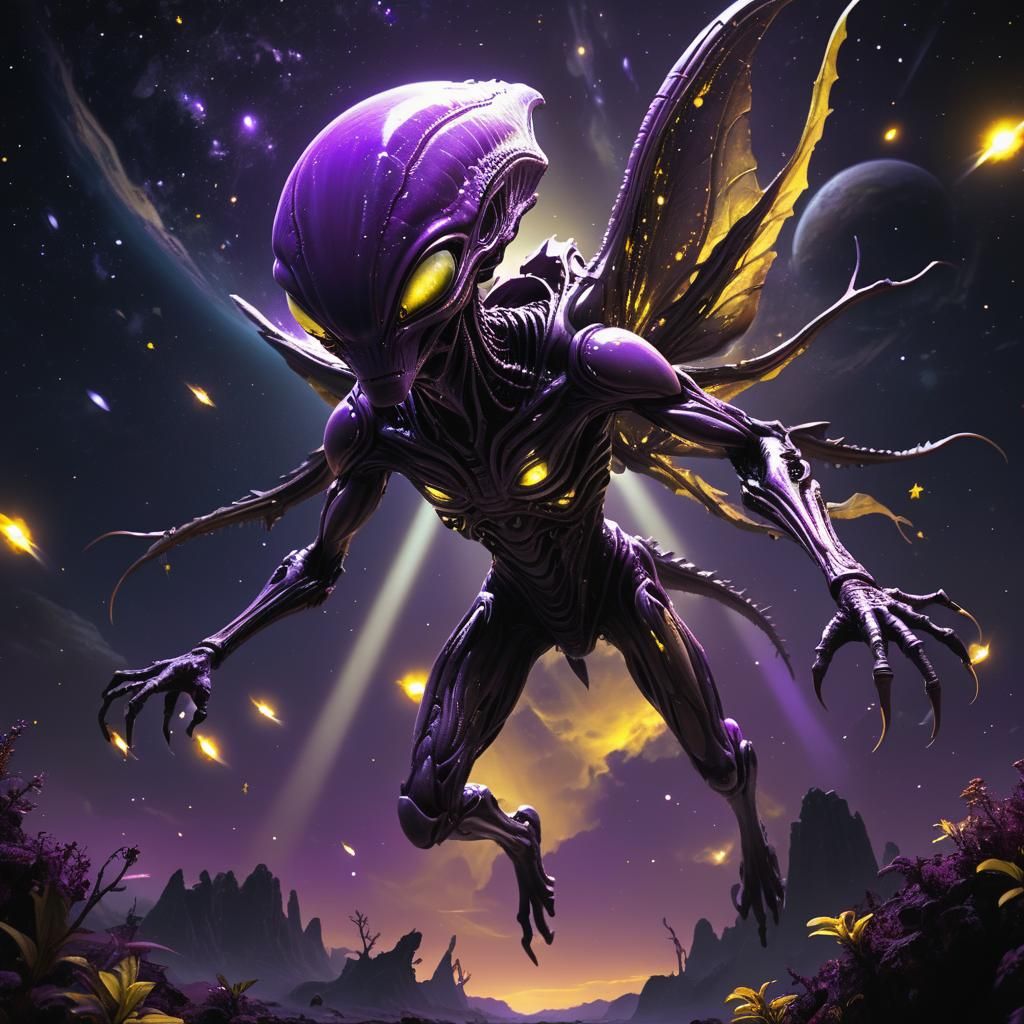 Alien Soaring Over Bioluminescent Planet: Dark Fantasy Art
