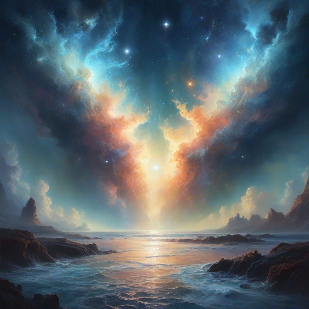 Iridescent stardust swirls in cosmic embrace