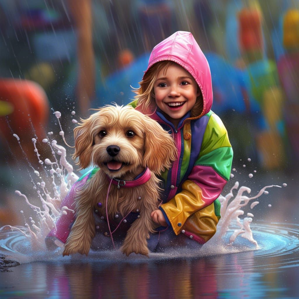 Girl and Puppy Splashing, Pixar Style Animation