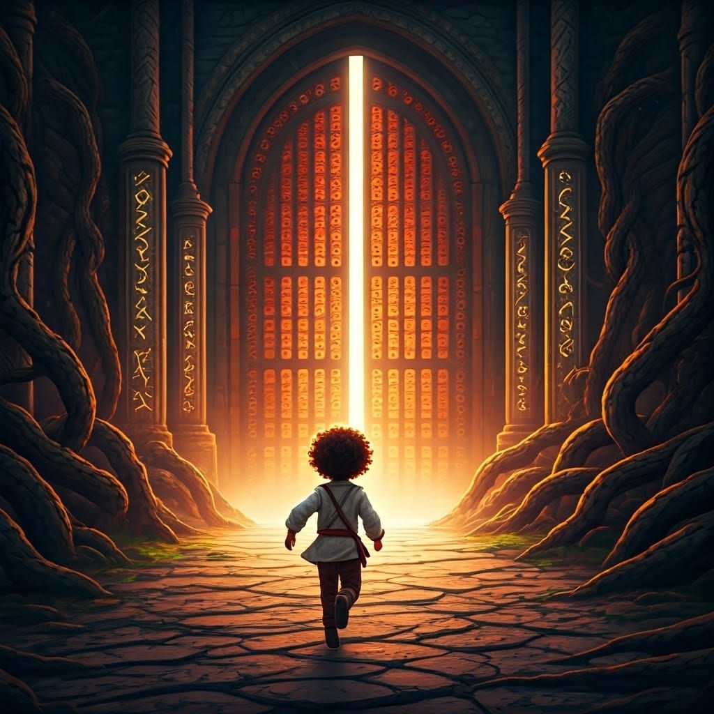 Boy Running to Grand Gate in Matte Painting Style