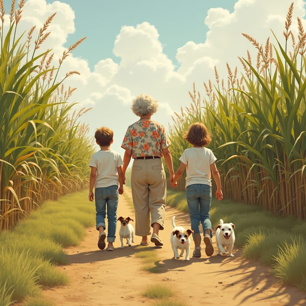 Whimsical Grandmother Walk with Grandchildren