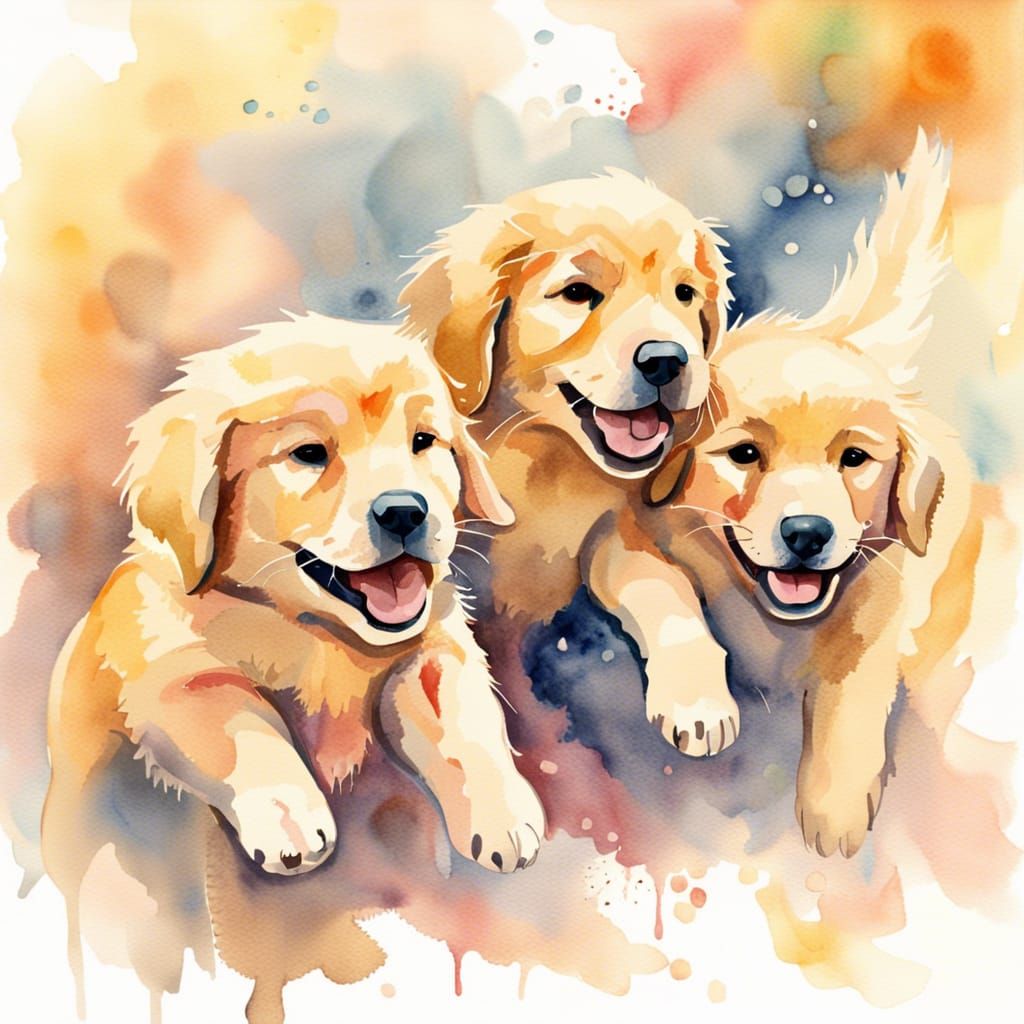 Golden Retriever Puppies Kissing Girl, Watercolor Painting