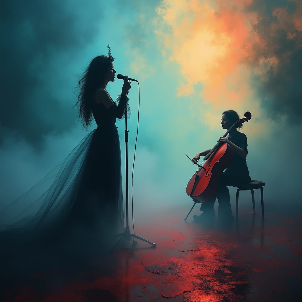 Mystical Singer Shines in Vibrant, Swirling Fog