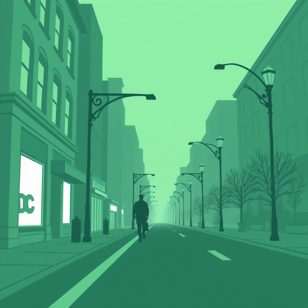 Green Lantern Walks Street in Minimalist Green and White Art