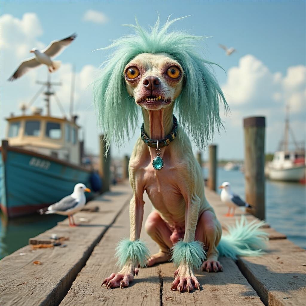 A scrawny, wrinkled, hairless beige dog with a long thin snout, one long yellowed tooth peeking over the top lip, tong t...