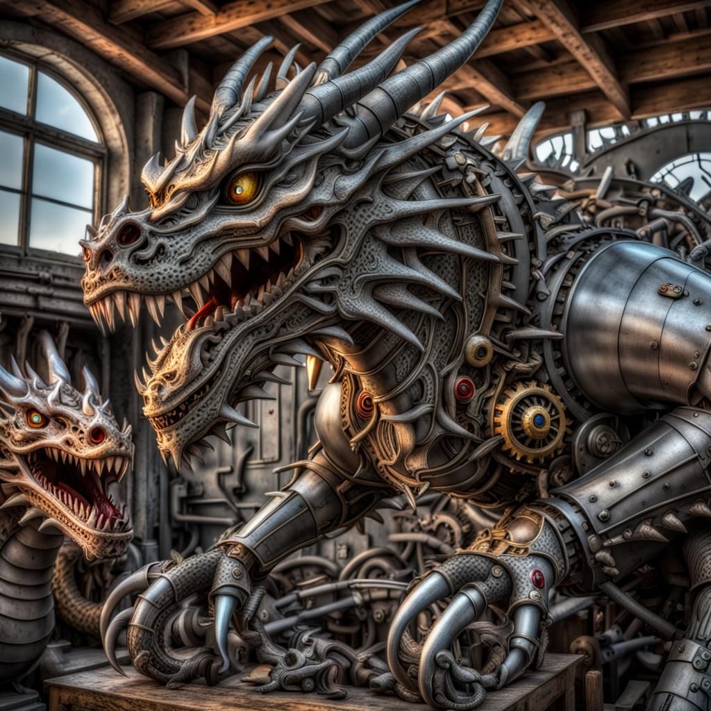 Mechanical Warfare Dragon and Scary Creatures in HDR