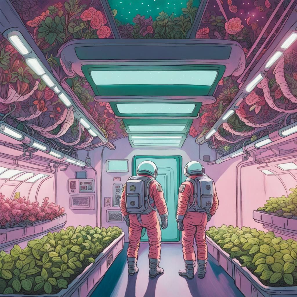Astronauts Discover Space Garden in Cartoon Style
