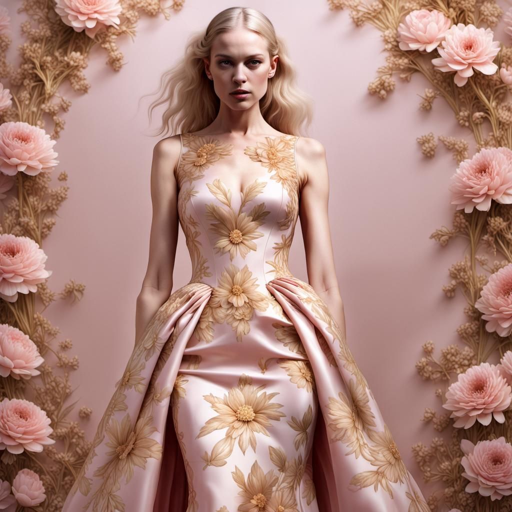 Golden Woman in Opulent Flowery Dress