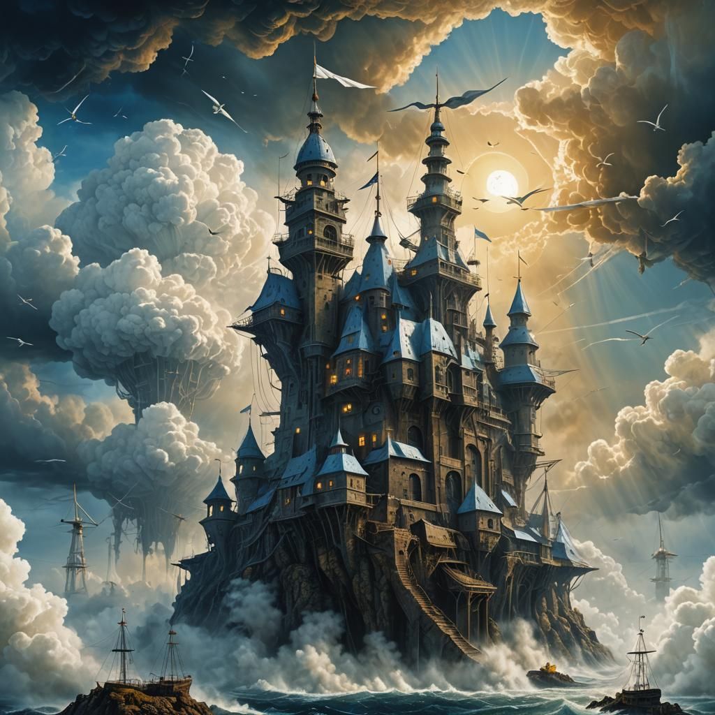 Dystopian Flying Castle with Turbines, Fantasy Concept Art