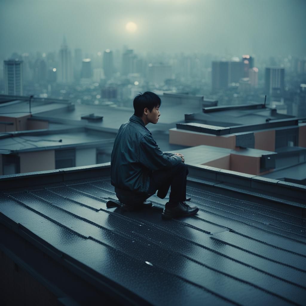 Epic Cinematic Still: Asian Man on Rainy Rooftop