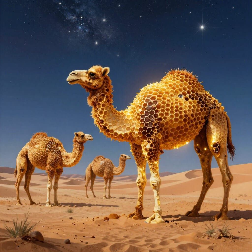 Surreal Camel Beehives in Starry Desert Landscape