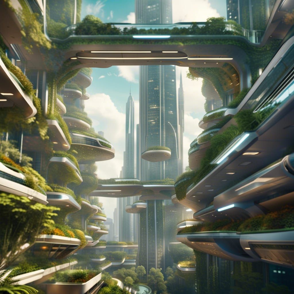 Floating Cityscape with Vertical Gardens and Skybridges