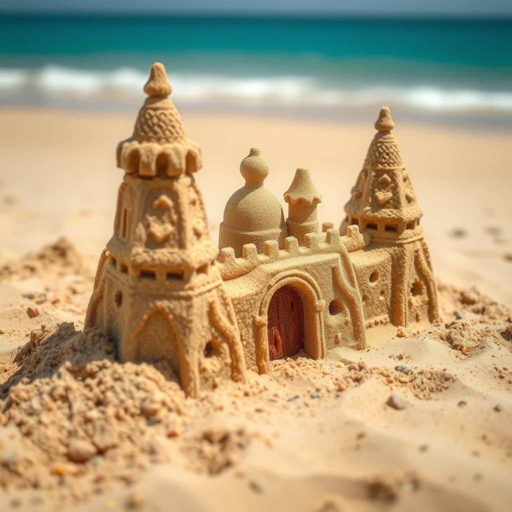 Intricate Sand Castle on a Warm Beach
