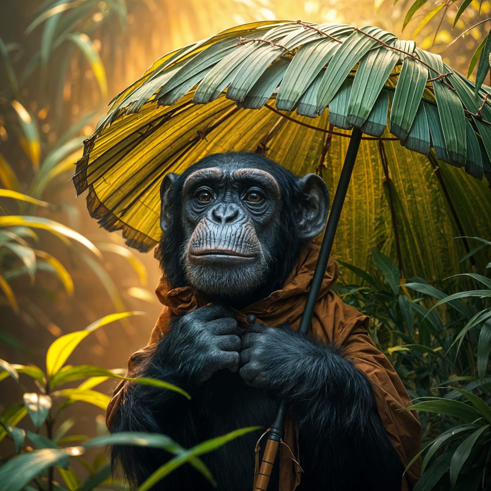 A Chimpanzee Holds a Photorealistic Leaf Umbrella in a Jungl...