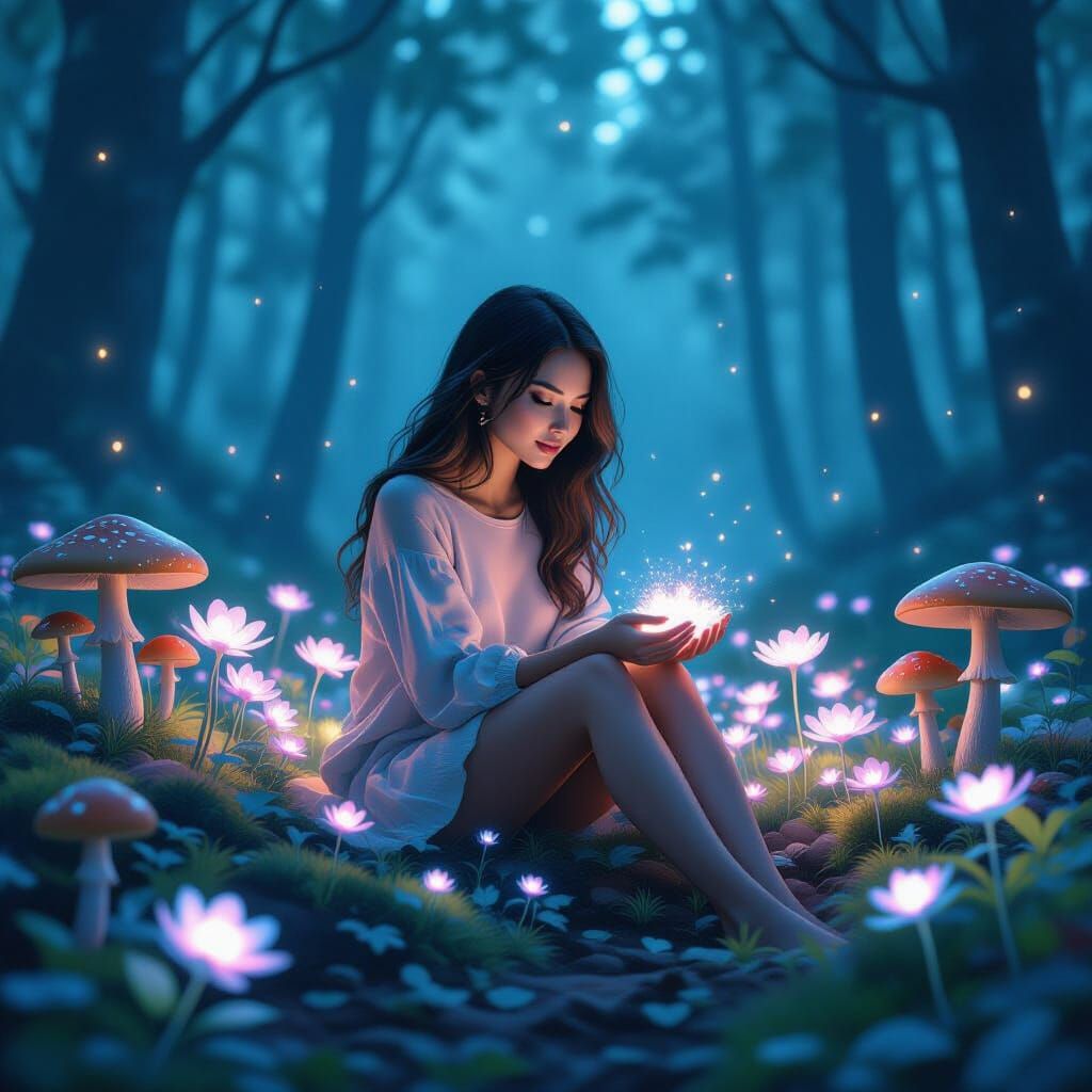 Woman in Bioluminescent Forest as Whimsical Digital Art