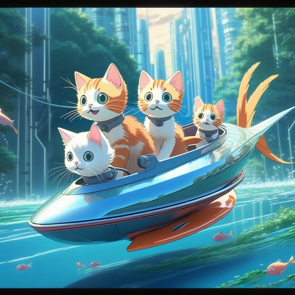 Cute anime kittens having fun driving a futuristic hydrofoil boat shaped like a flying fish whimsical cute kawaii
