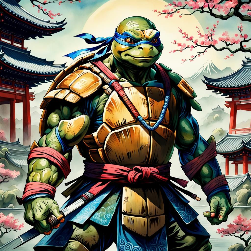 Ninja Turtle in Ming Style, Watercolor Japanese Art