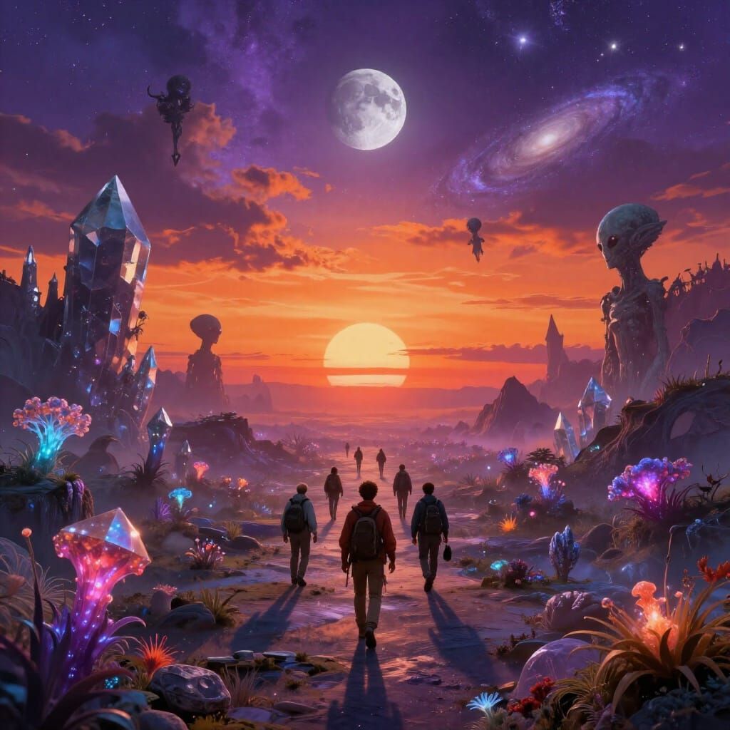 Crystal World Explorers at Sunset with Alien Moon