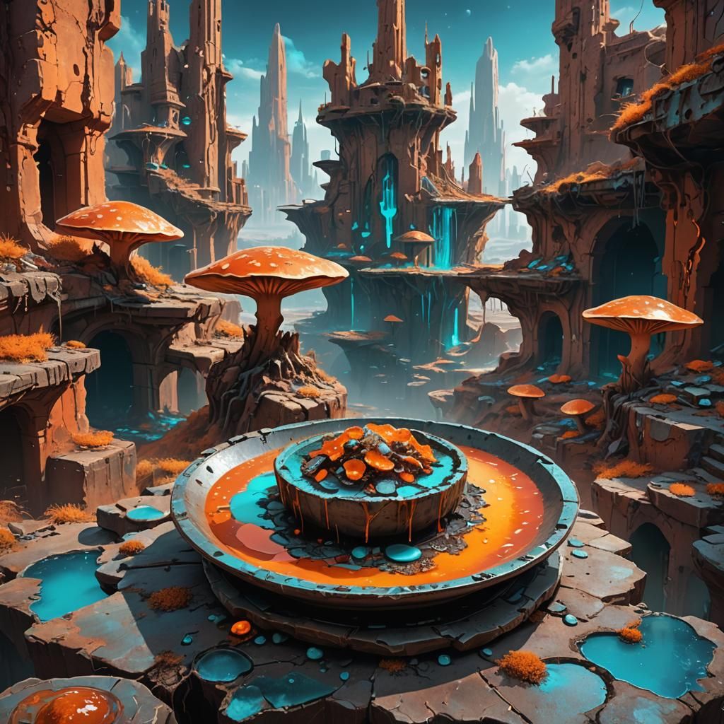 Dystopian Fantasy Dish in a Decaying Cityscape