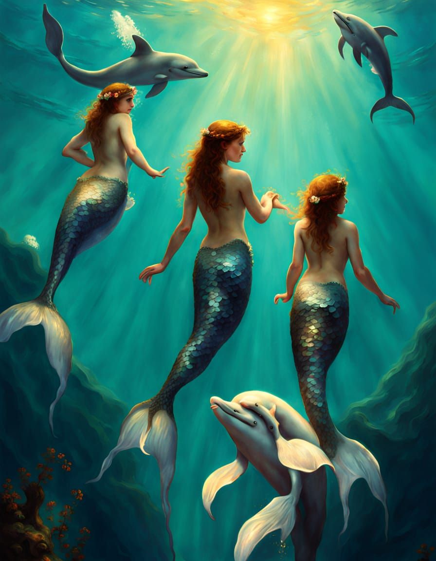 Mermaids and Dolphins in a Whimsical Academy Style Painting