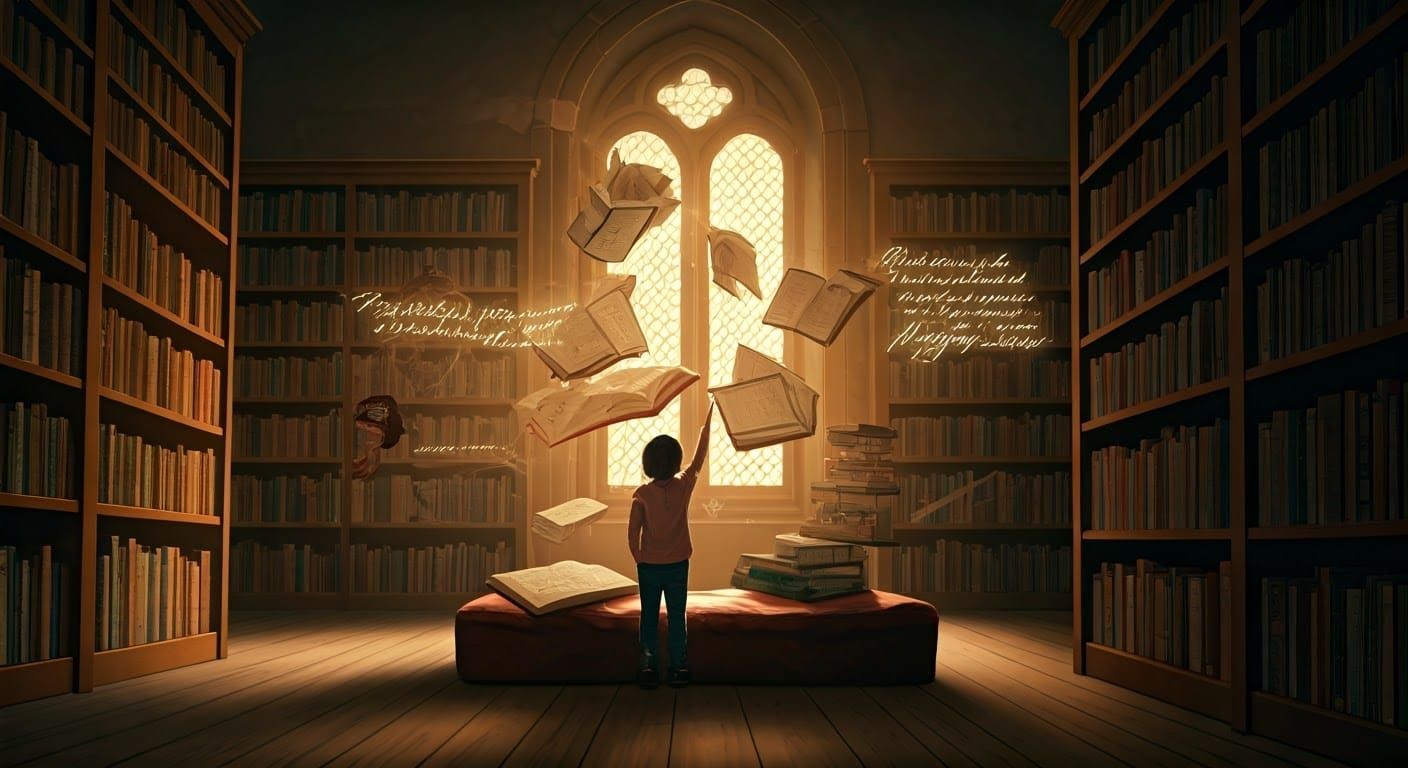 Dreamlike Library with Floating Books, Whimsical Illustratio...