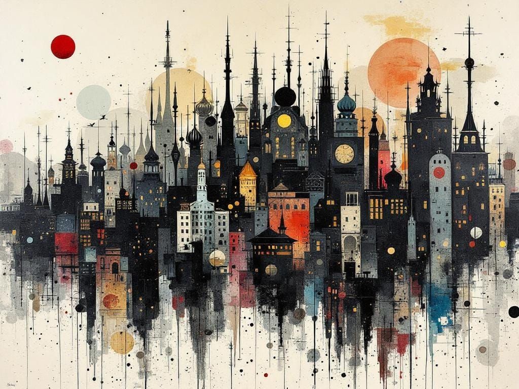 Mongol Cityscape Silhouette in Mixed Media