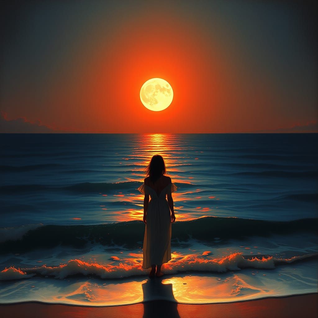Woman on Shore Under Glowing Moon, Academic Style