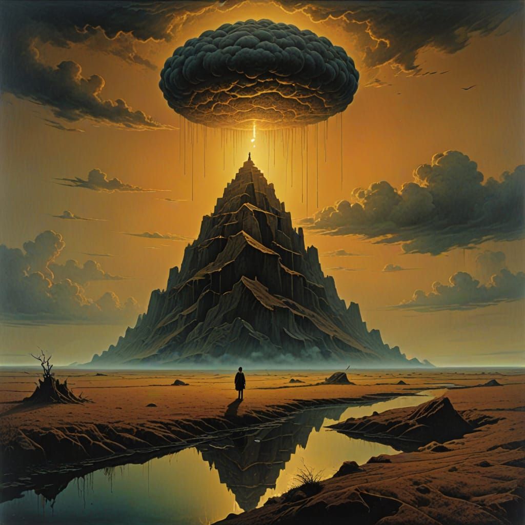 Ethereal Woman in Dark, Flowing Garments Stands on Rocky Isl...