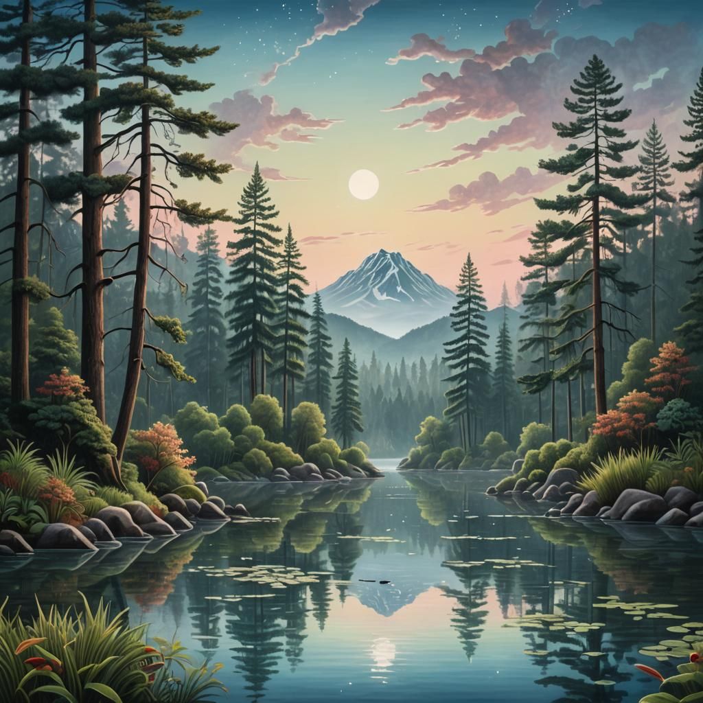 Mountain Lake Fantasy Landscape in Baroque Style