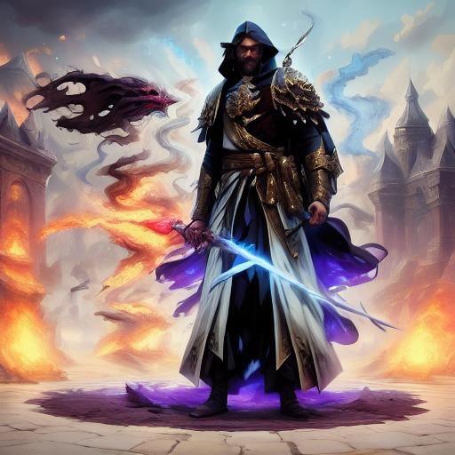 Fantasy Illustration: Figure Halts Battle in Ominous Landsca...