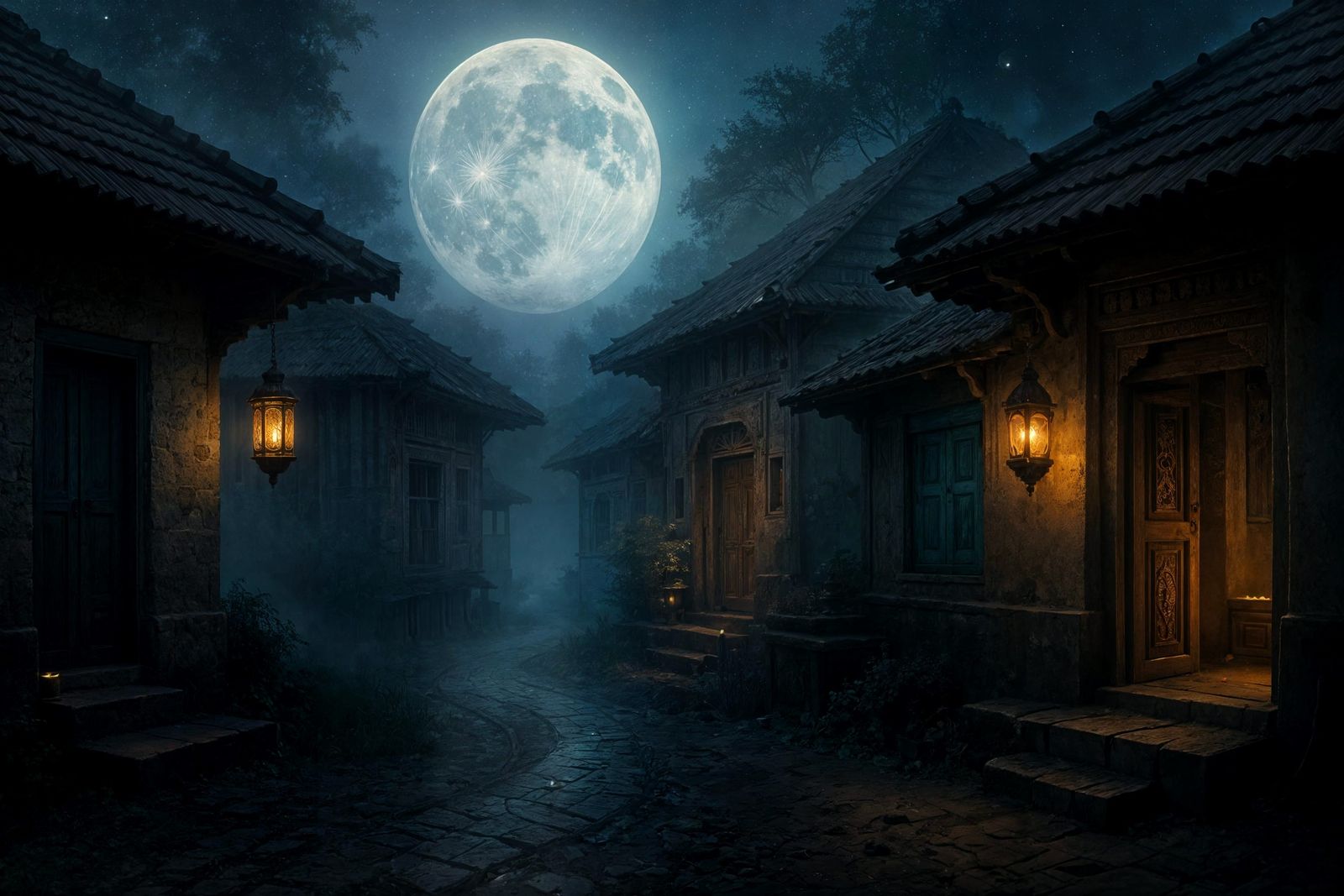 Mystical Moonlit Village in Ethereal Mist