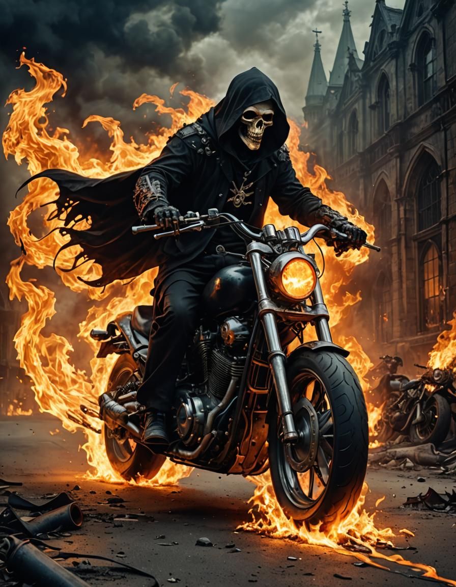 Grim Reaper Rides Flaming Motorcycle in Gothic Apocalypse