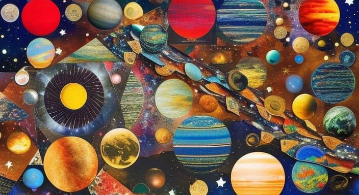 Hyperdetailed Solar System Collage with Neon Overlays