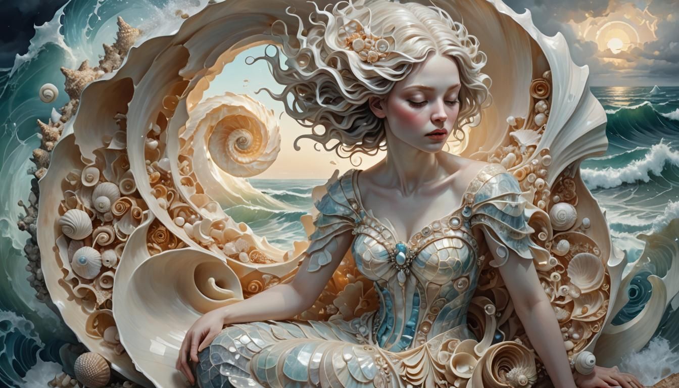 Ethereal Woman in Seashell, Cubist Fragmentations