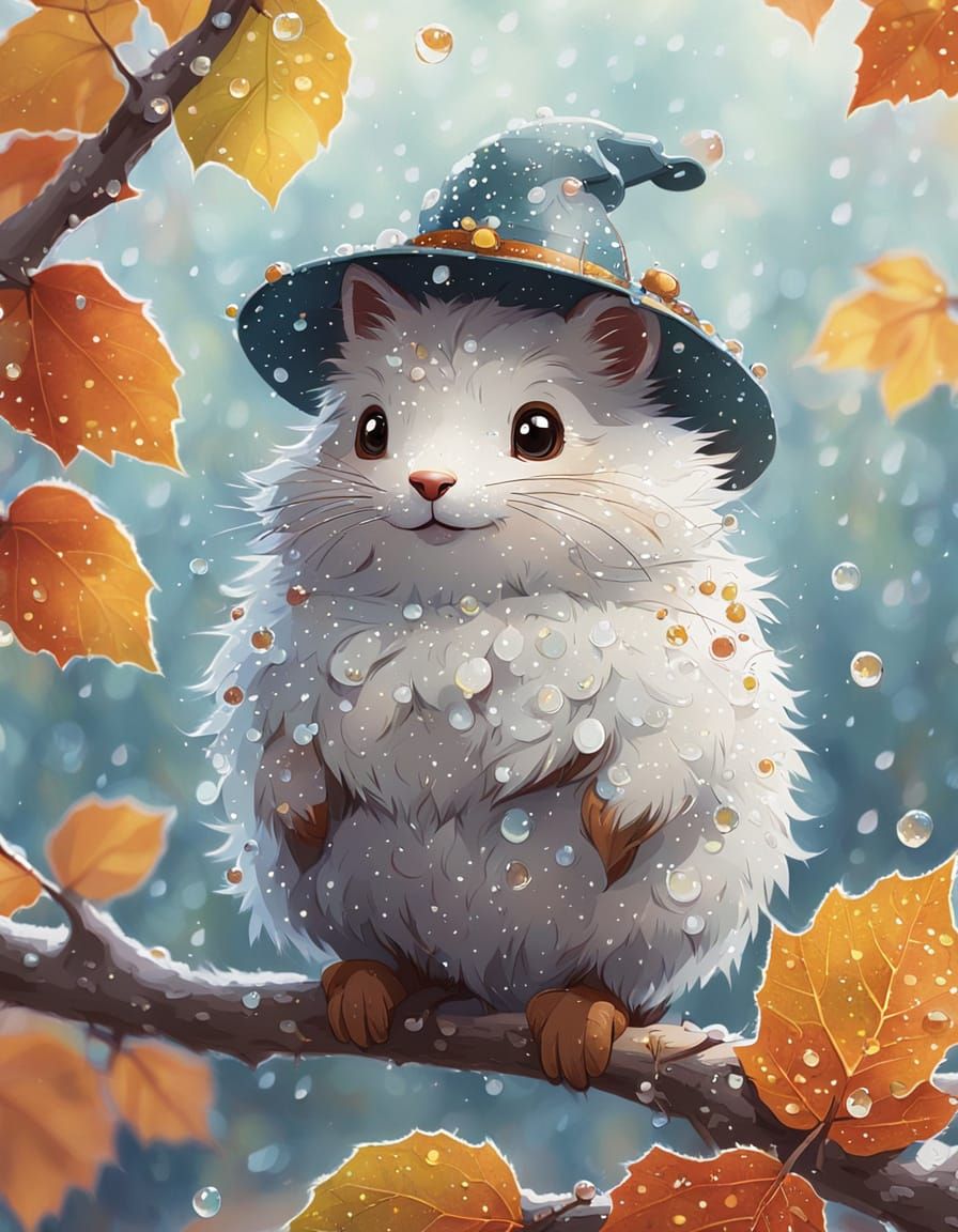 Cute Fluffy Character in Rain, Micro-Painting Style