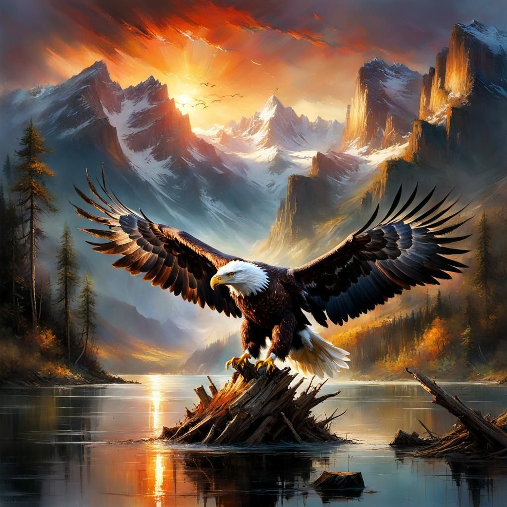 Eagle Landing at Sunset: Fine Art Matte Painting