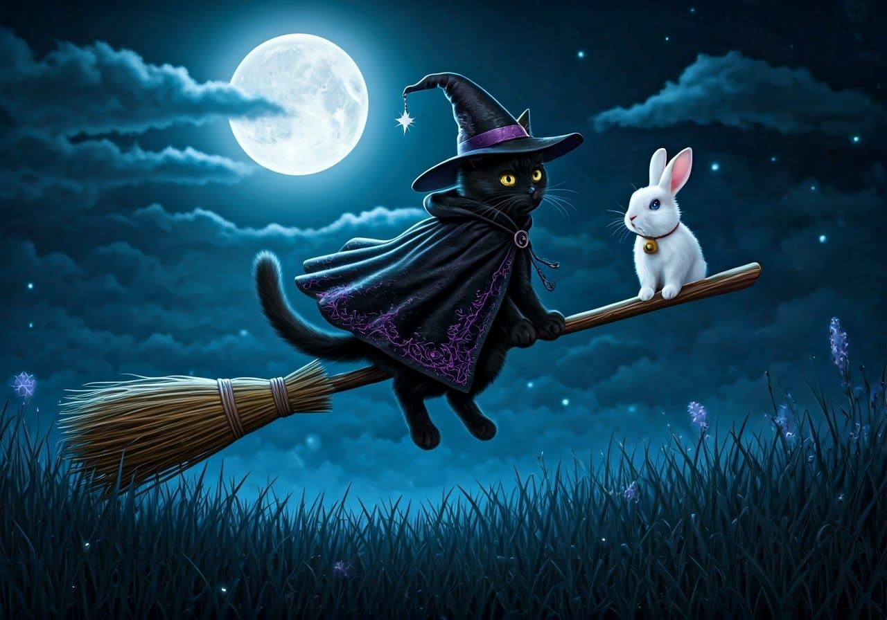 Mystical Black Cat Rides Broomstick with White Rabbit Famili...