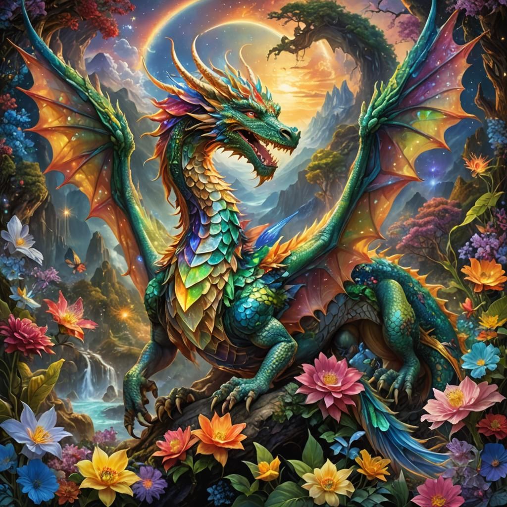 Ethereal Dragon in a Maximalist Fairy Tale Scene